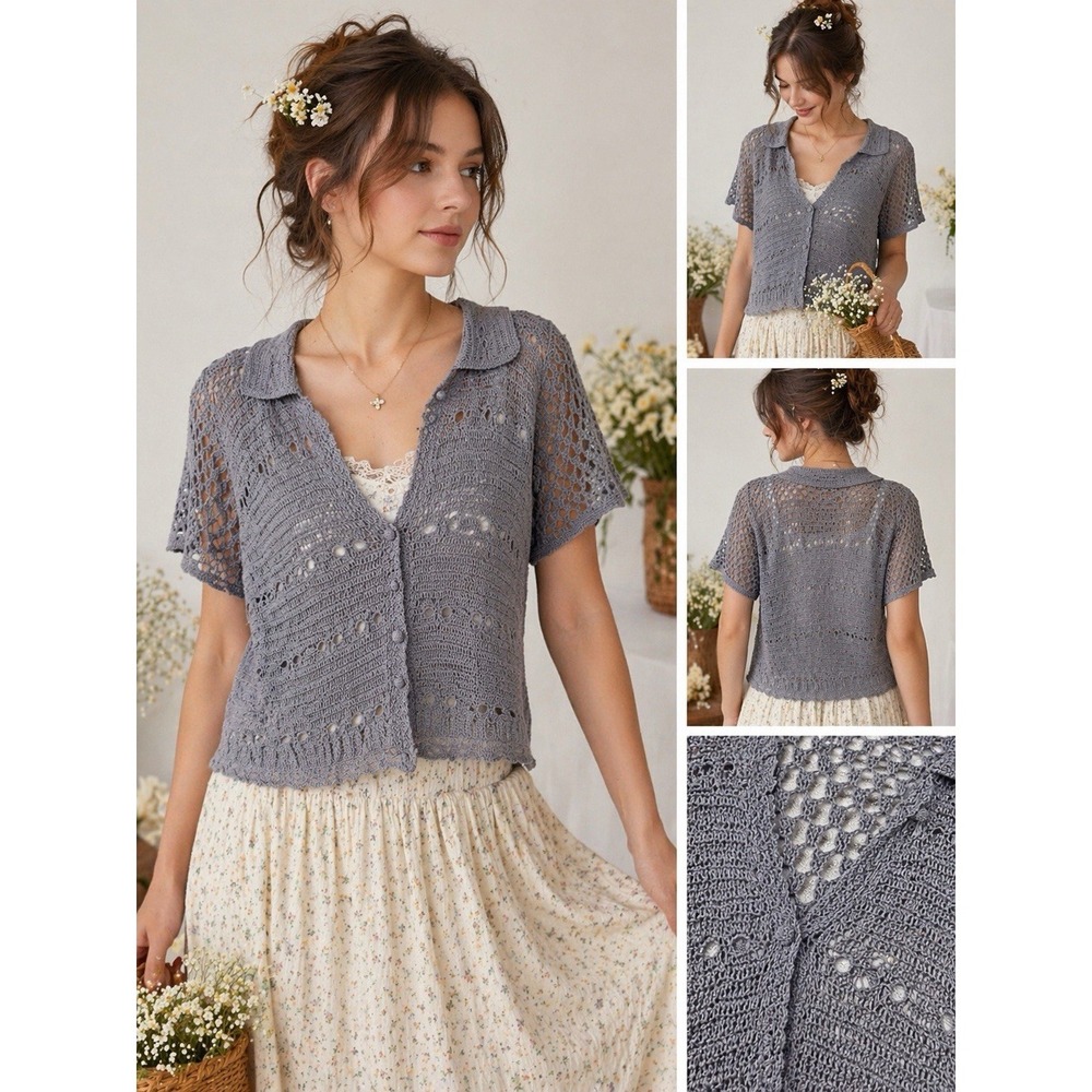 Vintage Impulsive Crochet Y2K  Cardigan Gray Cottagecore Fairy Bobo USA Size 8‎